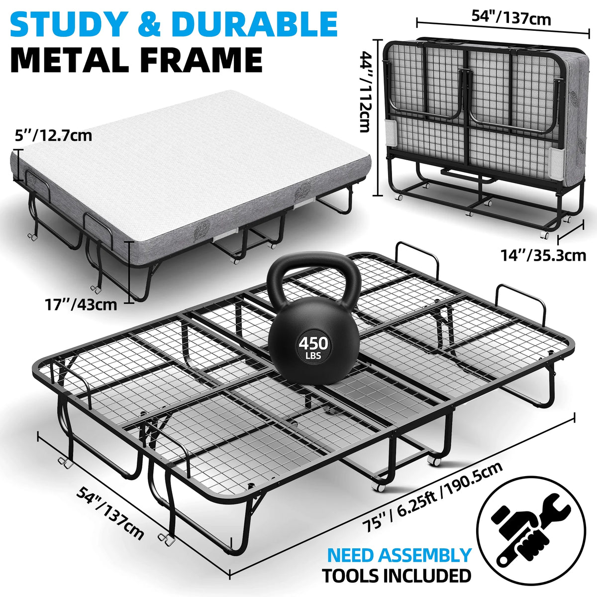 Lit pliant avec matelas 75 x 31 format lit de camp Lit plié, lit d'appoint sur roulettes portable et pliable lit supplémentaire pour adultes lit de repos avec matelas en mousse à mémoire de forme 5 cadre en grille métallique robuste peu encombrant