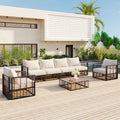 Ensemble de salon de jardin modulable en métal 7 pièces, canapé en rotin moderne et minimaliste avec coussins épais et table basse, salon d’extérieur toutes saisons pour jardin, bord de piscine et cour arrière, gris