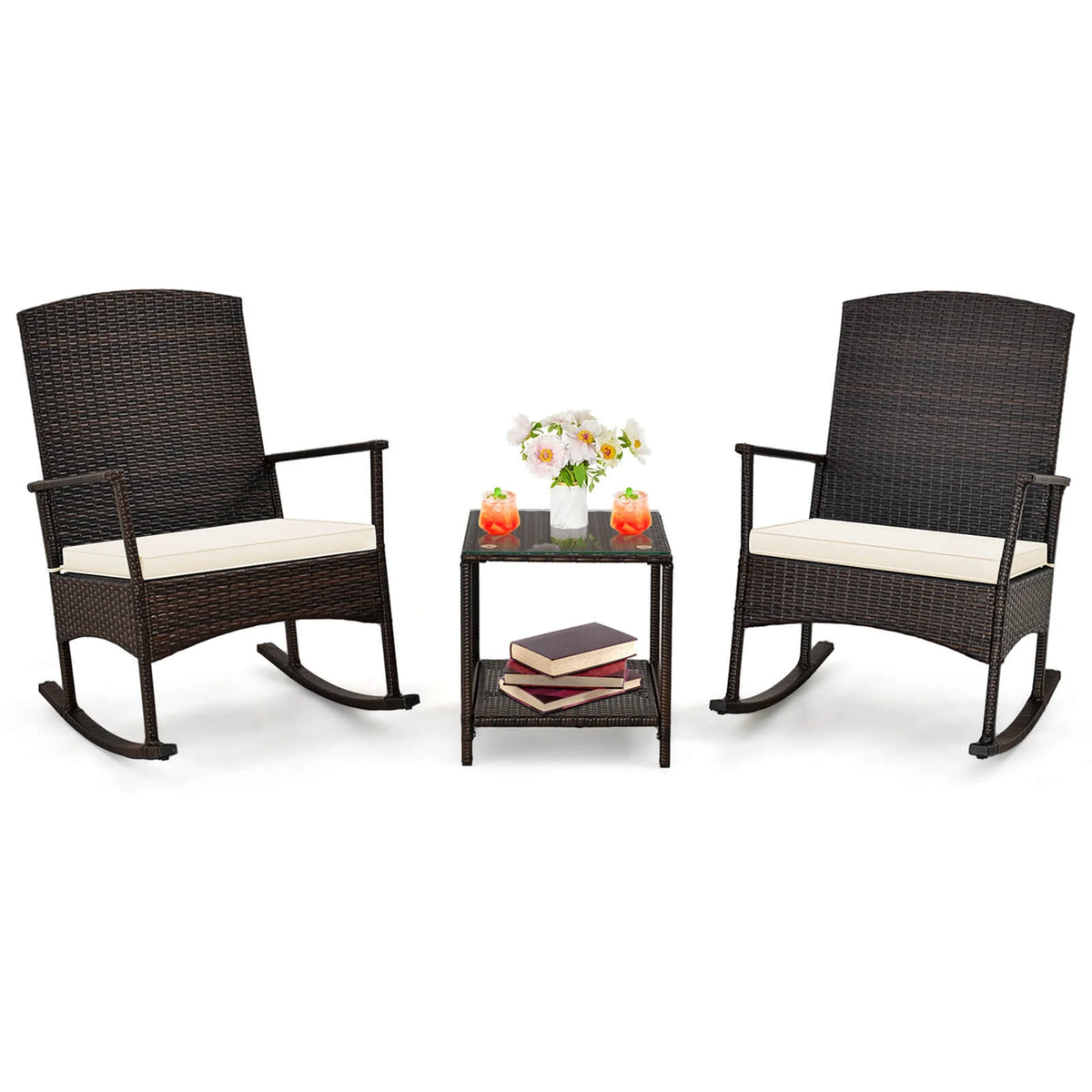 Costway Serenity Ensemble de patio 3 pièces avec fauteuils à bascule en résine tressée, coussins blancs et table basse à 2 niveaux