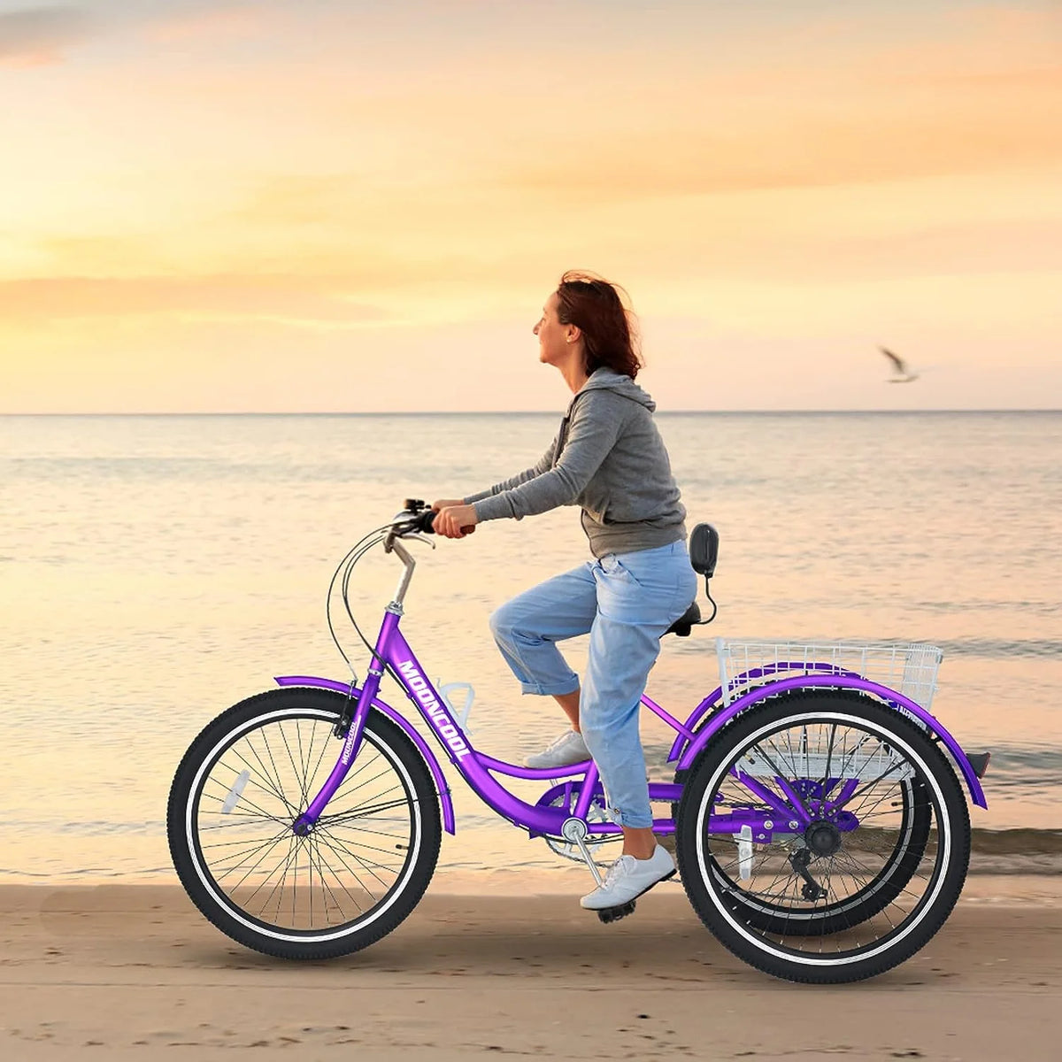 Tricycles pour adultes MOONCOOL avec panier arrière et pompe à pied, vélos à 3 roues 7 vitesses de 24 et 26 pouces, vélo à trois roues pour adultes avec dossier pour seniors, femmes et hommes