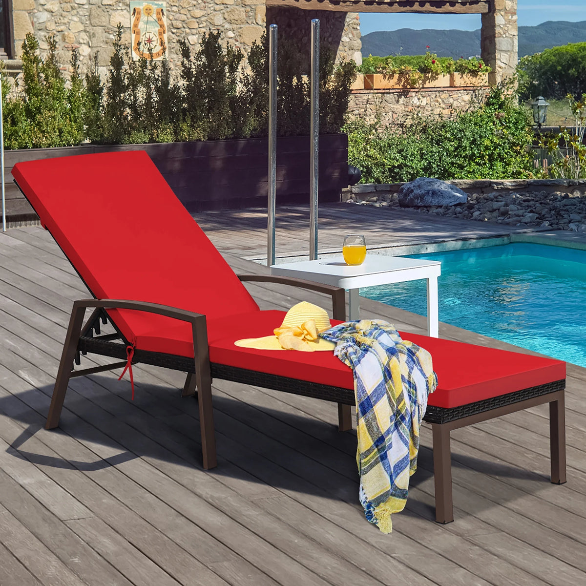 Costway Lot de 2 chaises longues de jardin en rotin, inclinables avec dossier réglable et coussinés, rouges