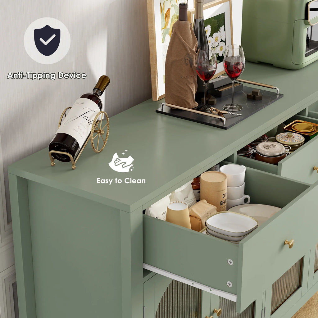 Homfa Grand buffet de 55'', meuble de rangement de cuisine avec 3 tiroirs et 4 portes vitrées, meuble bar en bois pour salon, blanc