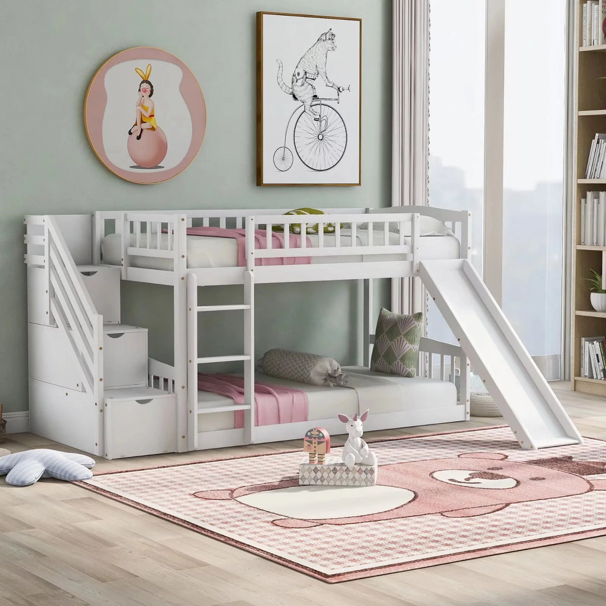 Lits superposés avec escalier, lits jumeaux, cadre de lit superposé en bois avec toboggan pour enfants et escalier de rangement, cadre de lit de rangement 2-en-1 avec échelle et barrières de sécurité pour chambre de garçons et de filles, blanc