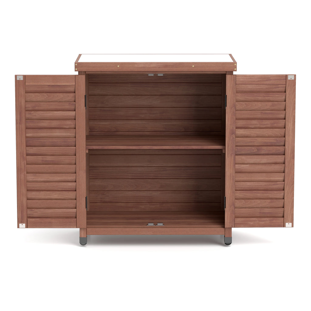 Armoire de rangement en bois d’extérieur et table de rempotage Funnil, mobilier de patio en bois résistant aux intempéries, poste de travail de jardin