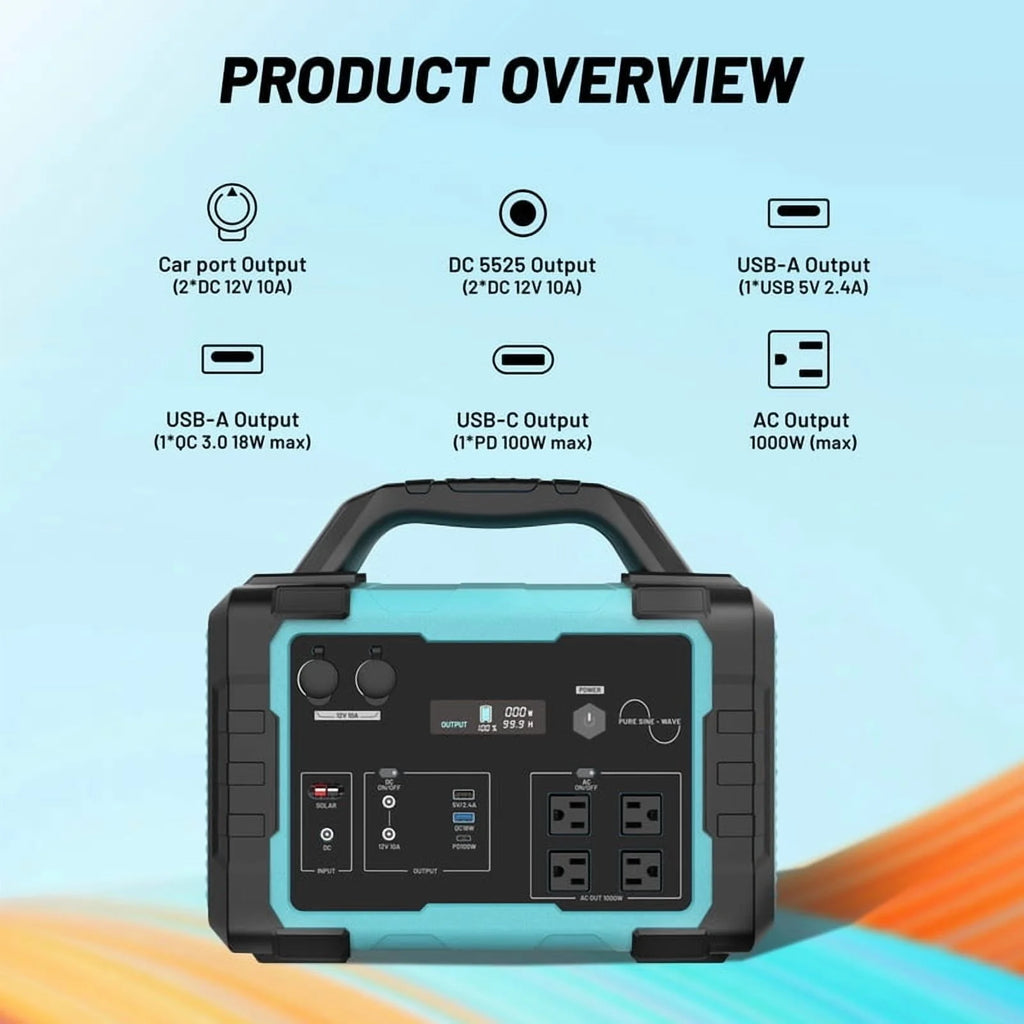Générateur solaire portable 1000W, station d’énergie avec batterie LiFePO4 1024Wh et panneau solaire 100W, batterie externe USB-C pour camping, voyages en plein air, camping-car et urgences à domicile - Bleu