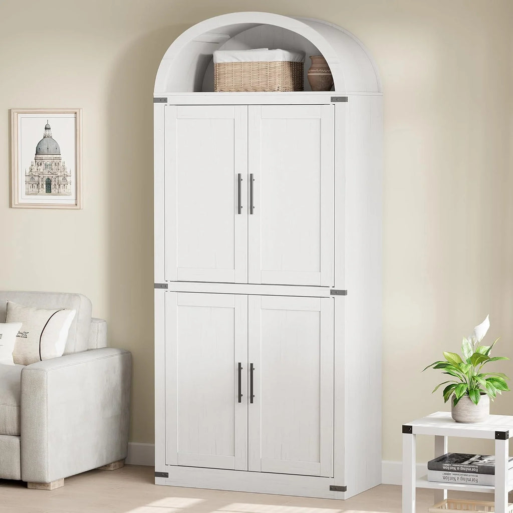 Armoire de rangement cintrée Garvee, garde-manger de cuisine de 71,6 de haut avec portes, bibliothèque de style maison de campagne à 5 niveaux, grande vitrine en bois pour cuisine, salle à manger, salon, blanc
