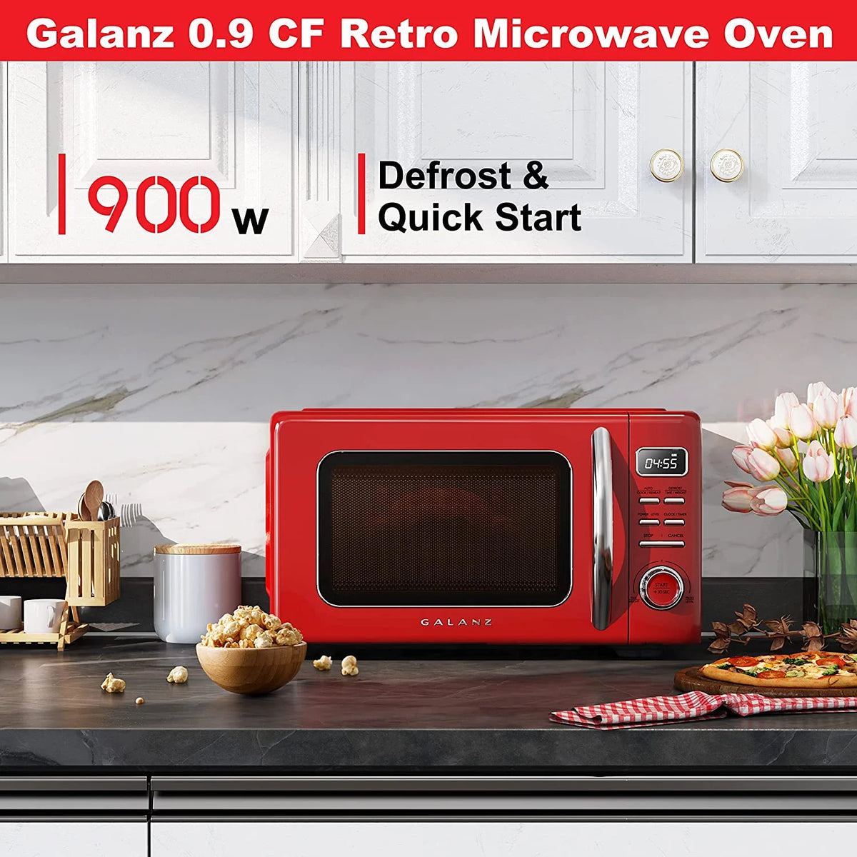 Four à micro-ondes rétro de comptoir Galanz GLCMKZ09RDR09 avec fonctions de cuisson automatique et de réchauffage, décongélation et démarrage rapide, nettoyage facile avec plateau tournant en verre, poignée escamotable, 0,9 pi³, rouge