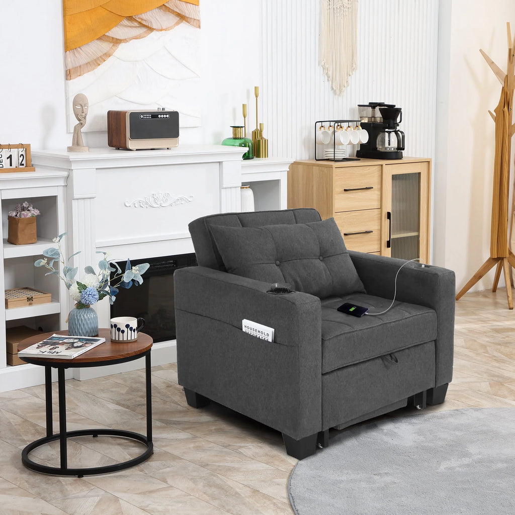 DURASPACE Fauteuil convertible 3 en 1 avec lit et port USB, Fauteuil d’intérieur avec méridienne, Gris foncé