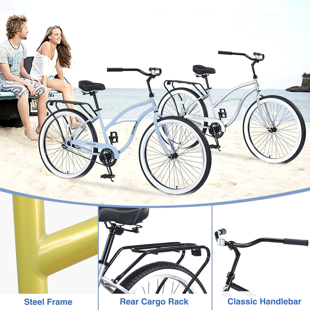Vélo de plage 26 pouces, vélo à vitesse unique avec cadre en acier, pneus larges et frein à pédale arrière, vélo urbain confortable pour homme adulte, argenté