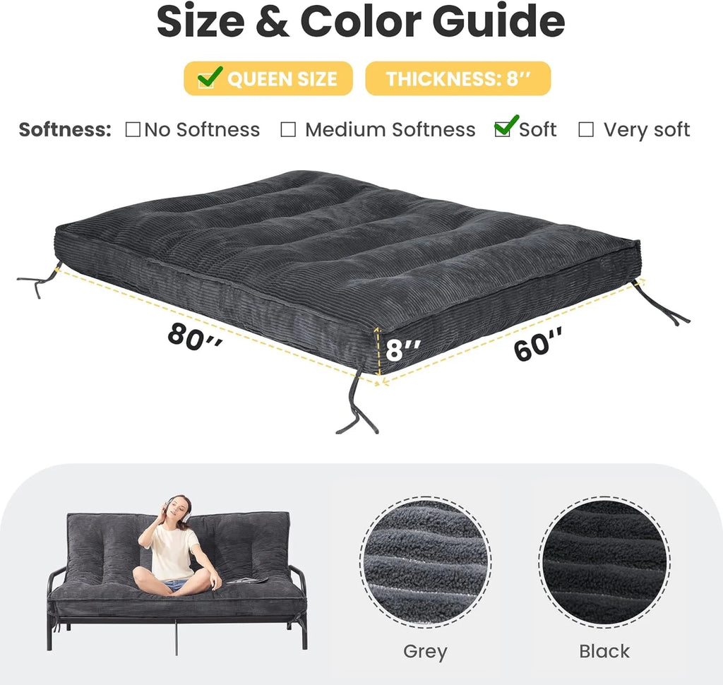 Matelas Futon 8 Pouces Taille Double, Canapé-Lit Futon Extra Épais Matelas Japonais Amélioré Matelas Futon au Sol pour Adultes Matelas Futon Japonais Pliable 8, Noir (Cadre Non Inclus)