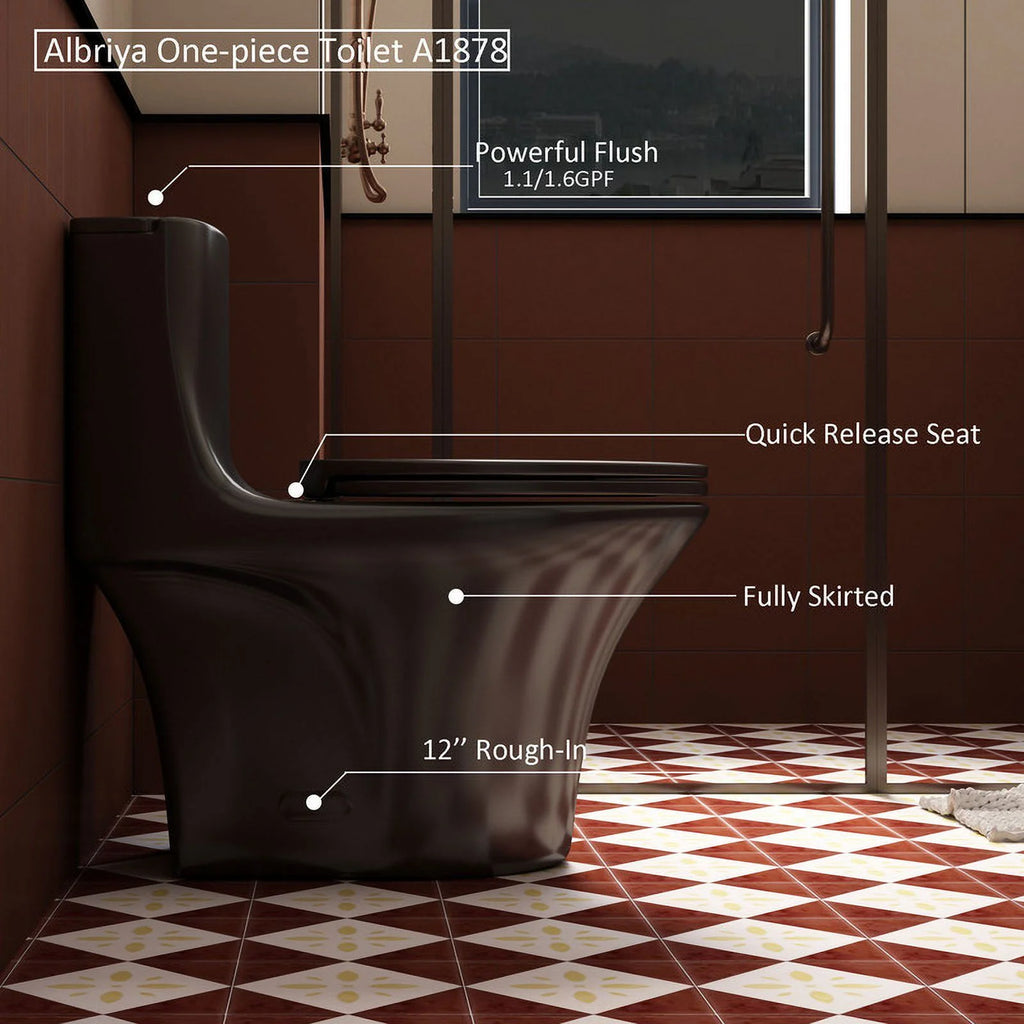 Toilettes modernes à une pièce Albriya A1878, toilettes de salle de bain standard à double chasse d’eau 1,1/1,6 GPF avec siège confortable, hauteur conforme à l’ADA, 16 1/2 po ? 12 po ? Entraxe, MaP 1000 g, blanc brillant