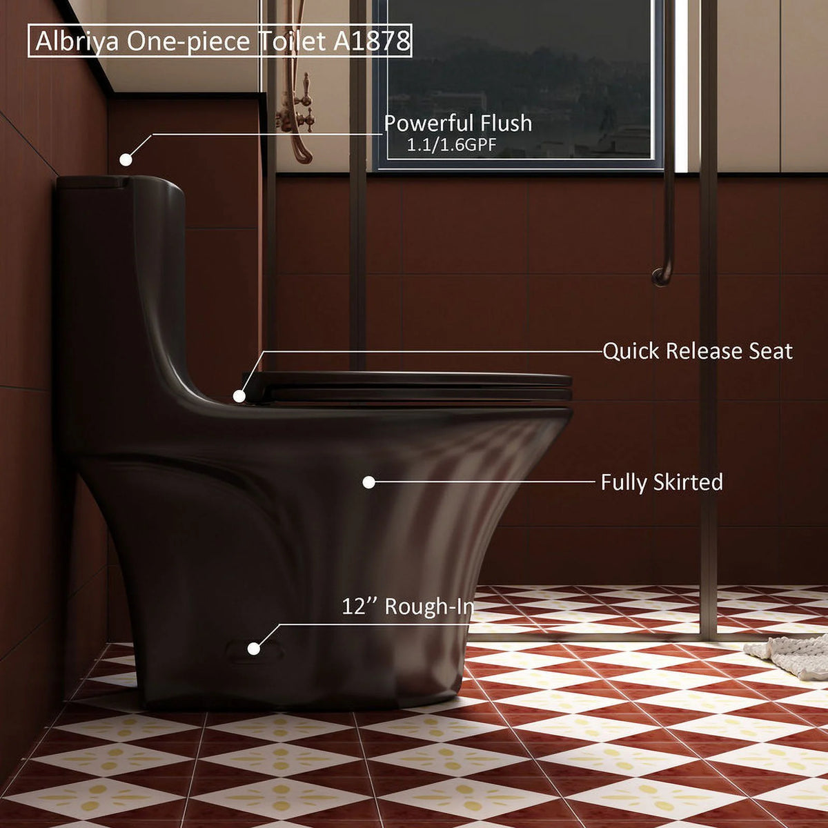 Toilettes modernes à une pièce Albriya A1878, toilettes de salle de bain standard à double chasse d’eau 1,1/1,6 GPF avec siège confortable, hauteur conforme à l’ADA, 16 1/2 po ? 12 po ? Entraxe, MaP 1000 g, blanc brillant