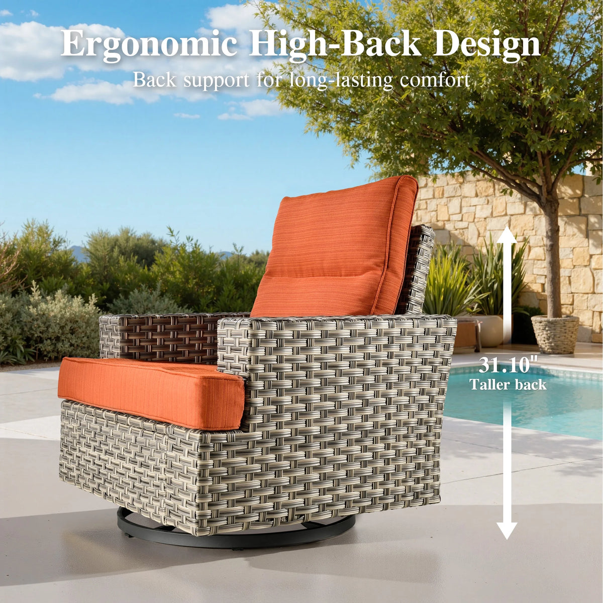 Ovios Salon de jardin modulable moderne en résine tressée toutes saisons à dossier haut, 10 pièces, avec table brasero au propane et fauteuil pivotant, gris foncé