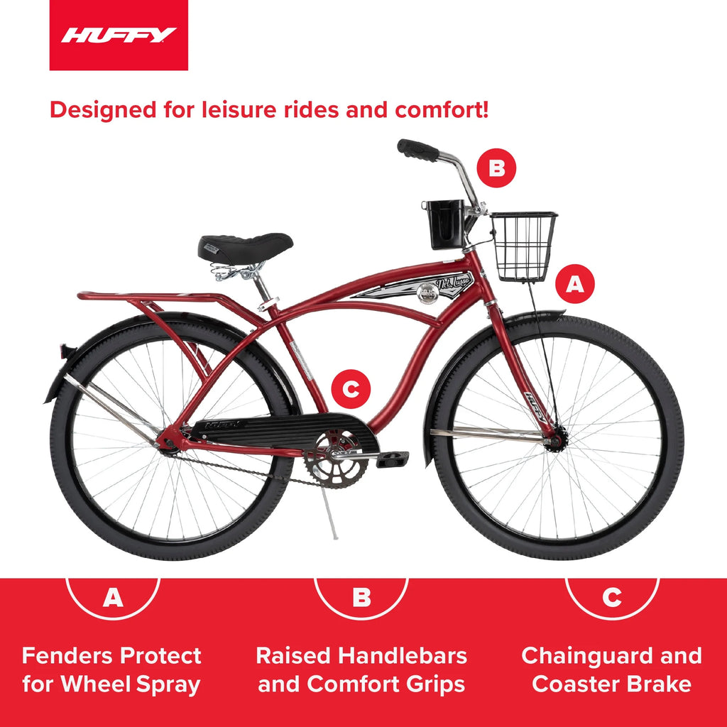 Vélo de plage Huffy Nel Lusso 26 pouces, panier, porte-bagages, rouge, dès 12 ans