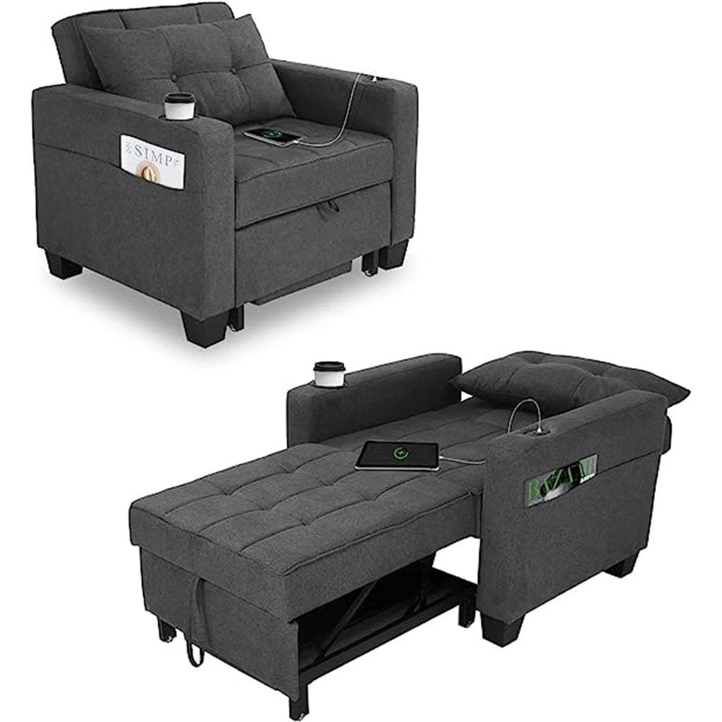 DURASPACE Fauteuil convertible 3 en 1 avec lit et port USB, Fauteuil d’intérieur avec méridienne, Gris foncé