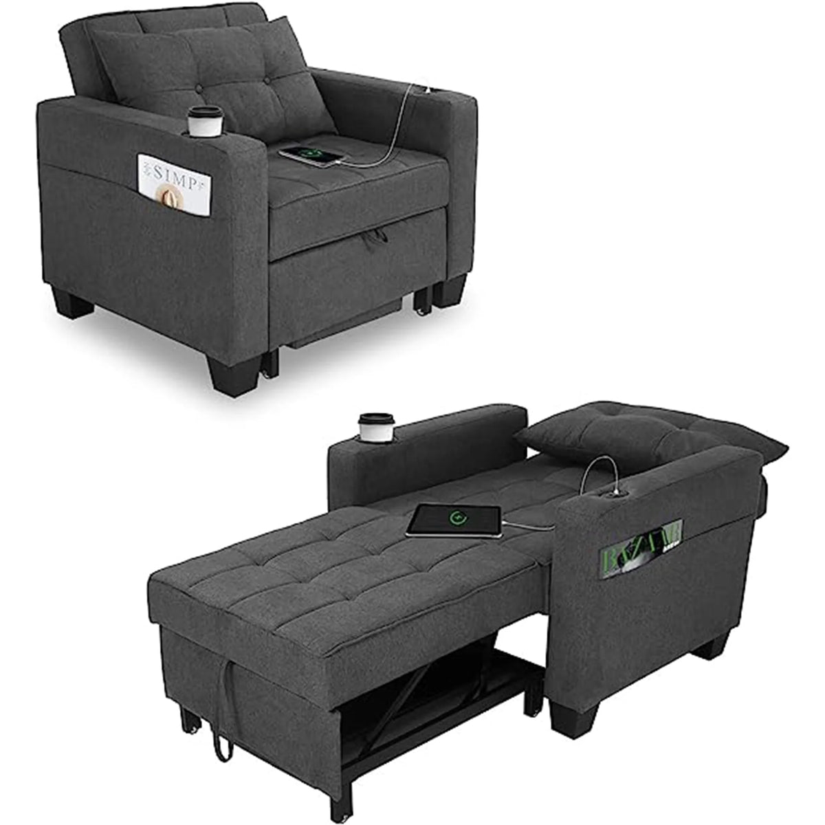 DURASPACE Fauteuil convertible 3 en 1 avec lit et port USB, Fauteuil d’intérieur avec méridienne, Gris foncé