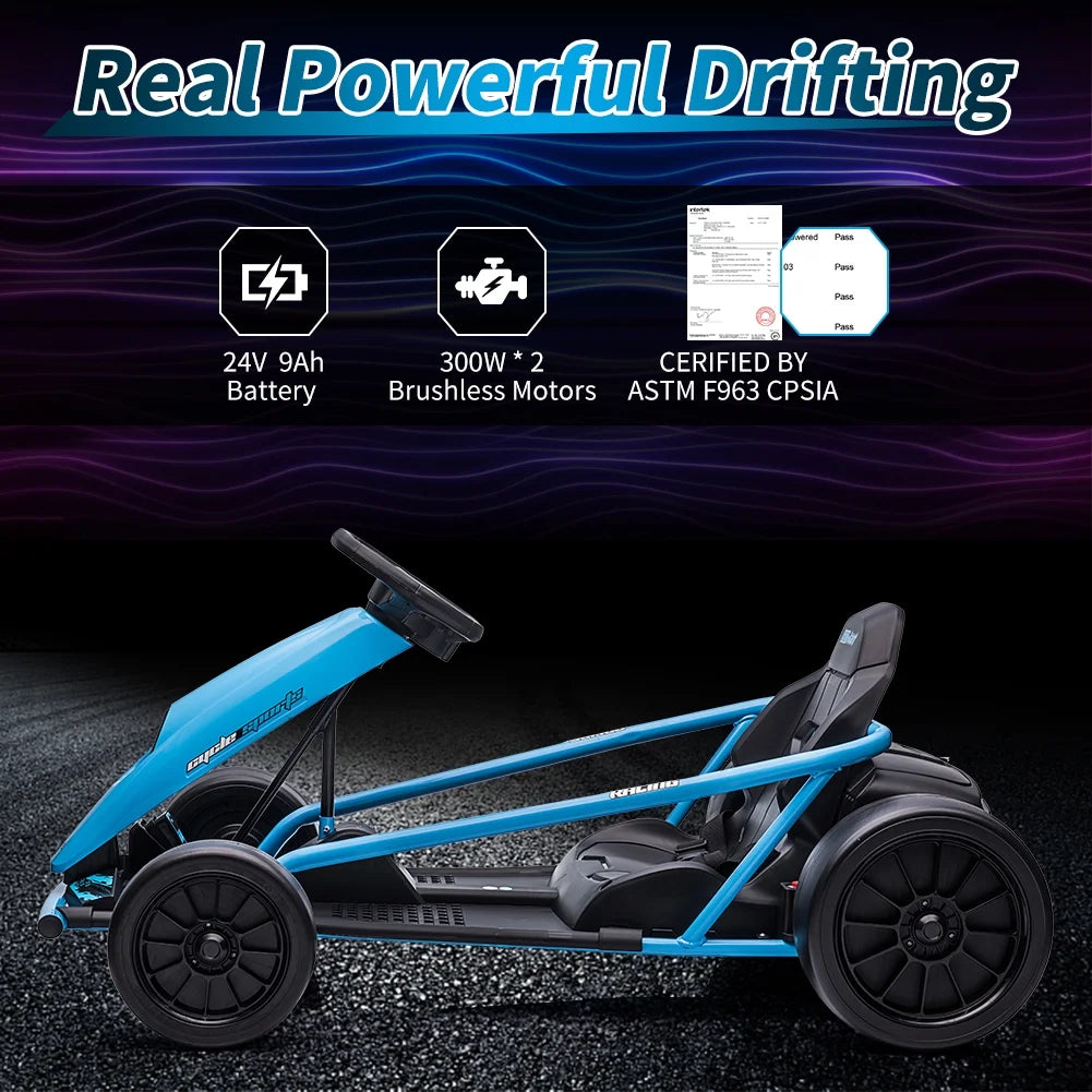 Kojooin Karting pour enfants, Batterie 24V Moteurs 300WX2 Karting à pédales à pied, Voiture de dérapage haute vitesse 8MPH avec fonction de démarrage progressif, Rouge rose