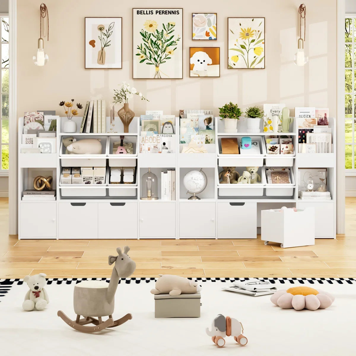 Hiphuta Bibliothèque et Meuble de Rangement pour Jouets pour Enfants, Organisateur en Bois avec 4 Paniers et 2 Tiroirs Amovibles pour la Maison et la Chambre, Étagère à Livres pour Enfants avec Bac à Jouets et Support à Livres, Blanc