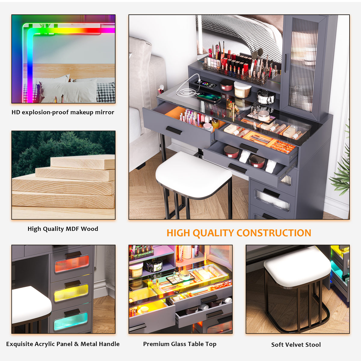 Coiffeuse HNEBC avec miroir et éclairage RGB, coiffeuse de maquillage avec plateau en verre, éclairage à détecteur automatique et charge sans fil, ensemble de coiffeuse avec tabouret rembourré, coiffeuse avec 6 tiroirs (blanc)