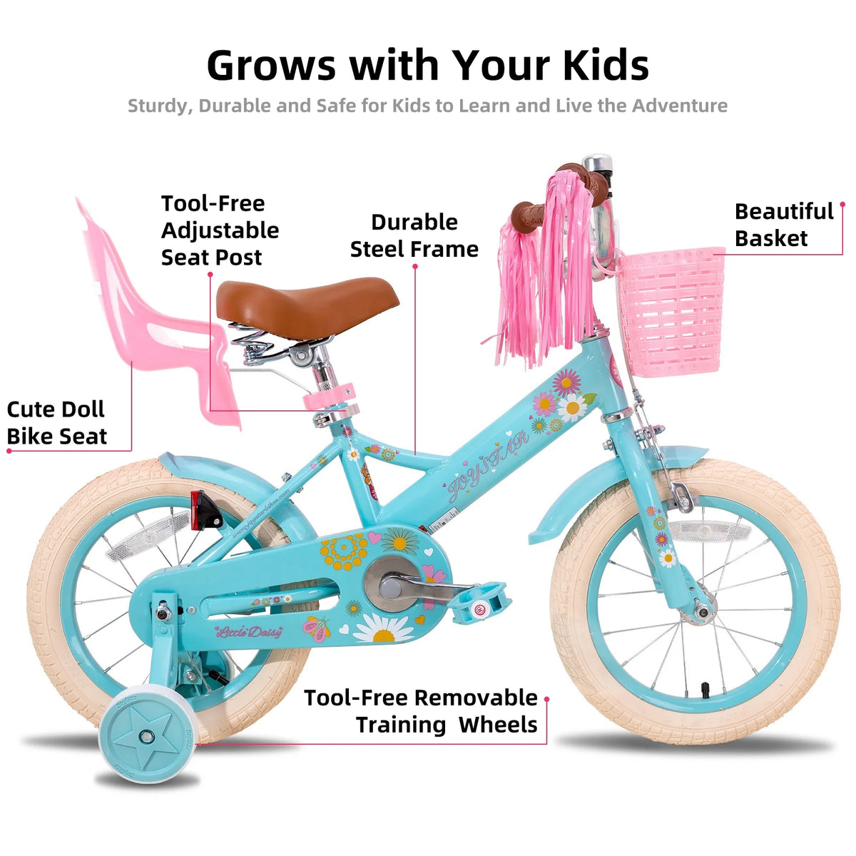 JOYSTAR Little Daisy Vélo pour enfant 14 pouces pour filles de 3 4 5 ans Vélo de princesse pour enfants avec freins à main Roues stabilisatrices Panier Serpentins Vélo pour tout-petits Bleu