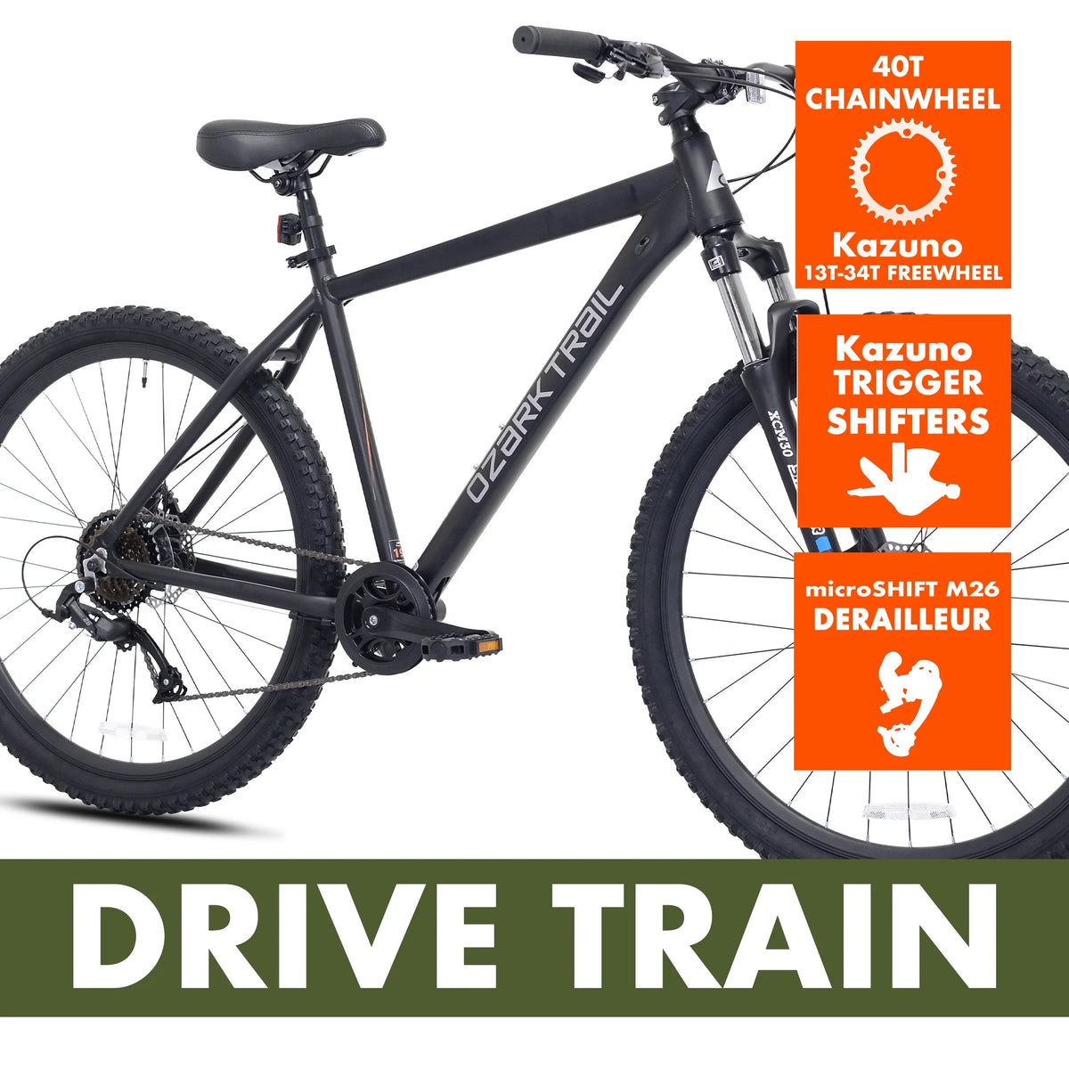 Vélo tout-terrain Ozark Trail 27.5 Vibe, Cadre petit, Convient aux cyclistes de 1,52 m à 1,68 m, Noir, Adulte, Unisexe