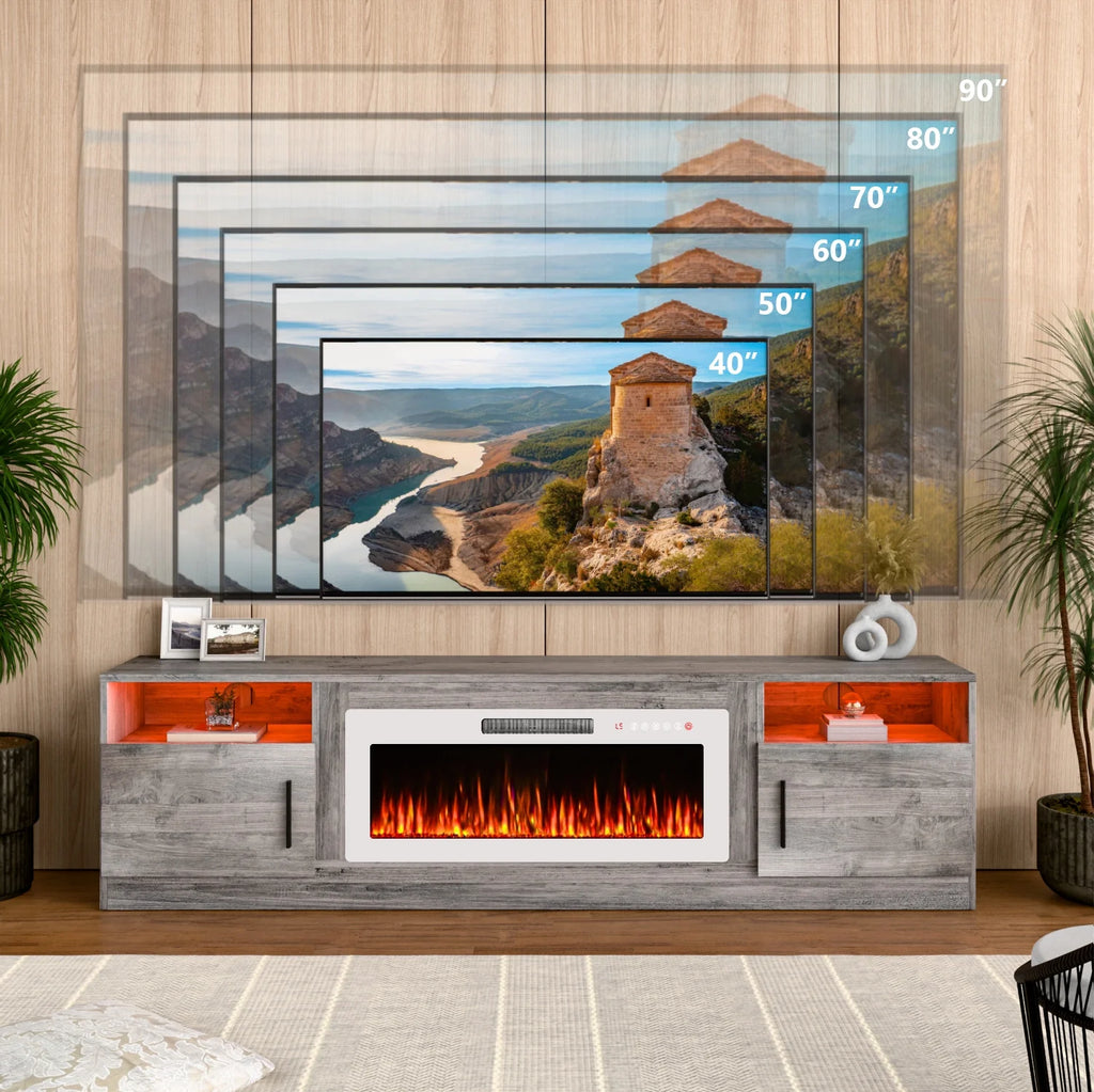 Meuble TV avec cheminée Waleaf avec cheminée électrique de 36 pouces pour téléviseurs jusqu’à 80 pouces, console multimédia moderne en bois avec meuble éclairé, blanc