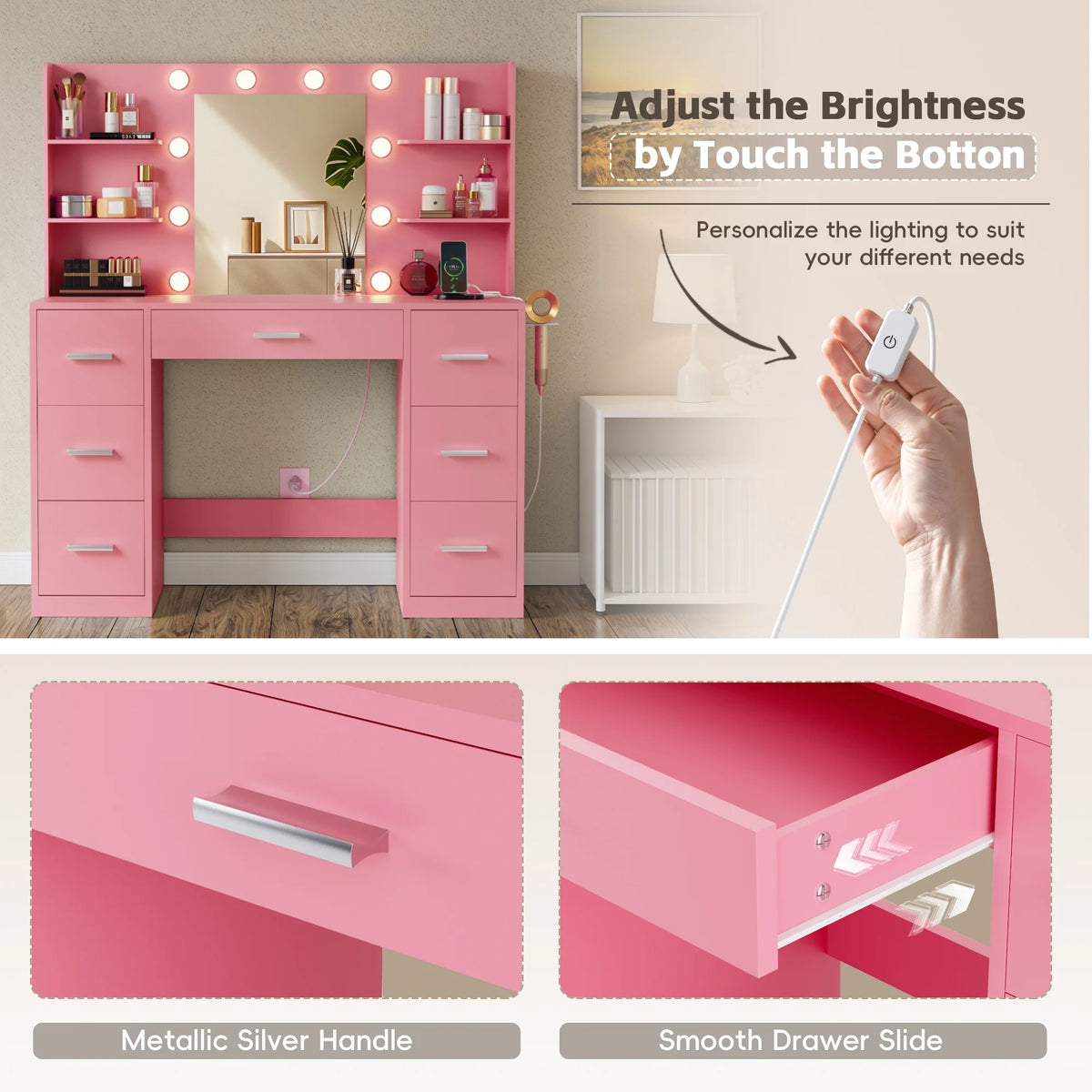 Coiffeuse Lacoo avec miroir et éclairage LED, coiffeuse de maquillage avec 7 tiroirs et 4 étagères, table de toilette avec prise électrique pour chambre ou dressing, blanc