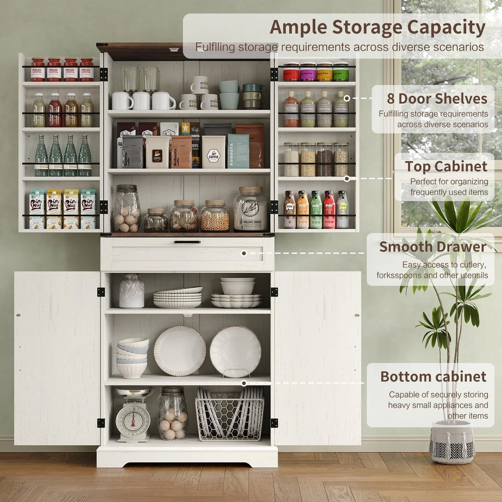 FUSOU Armoire de rangement de cuisine 72'', Armoire haute avec 8 étagères de porte, 2 placards et 1 tiroir, Meuble autoportant pour cuisine, salle à manger, salle de bain, buanderie