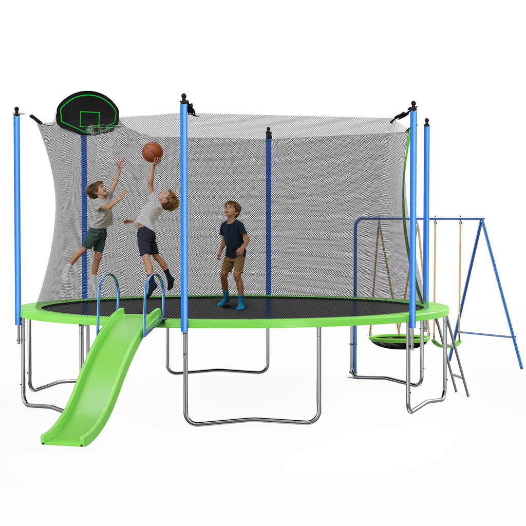Trampoline de 12 pieds avec toboggan, balançoires, trampoline récréatif SEGMART avec panier de basket et échelle, trampoline d’extérieur robuste pour jardin avec filet pour enfants et adultes, vert