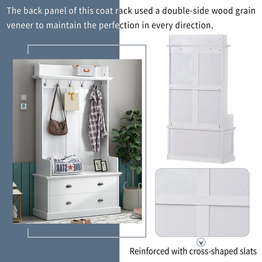 Vestiaire d’entrée avec banc rembourré et patères, banc d’entrée avec 3 crochets, 3 étagères ouvertes, 2 tiroirs et placards de rangement, banc de vestibule avec rangements et crochets pour entrée, vestibule ou couloir (beige)