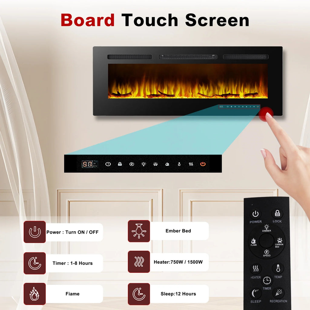 Cheminée électrique 60, cheminée encastrable ultra-fine et murale, cheminée linéaire avec minuterie, télécommande, couleur de flamme réglable, 750 w/1 500 w, noire