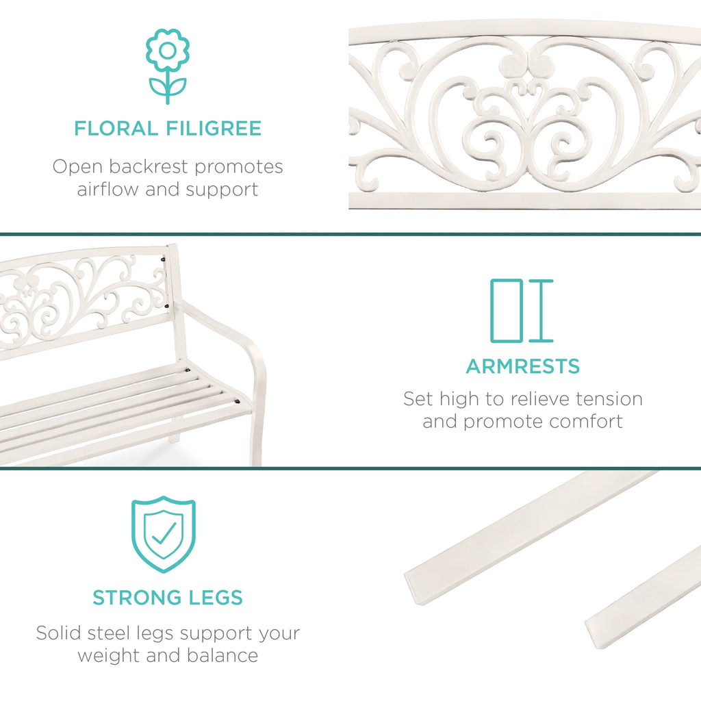 Best Choice Products Banc en Acier d'Extérieur Jardin Patio Porche Meuble avec Dossier à Motif Floral - Noir