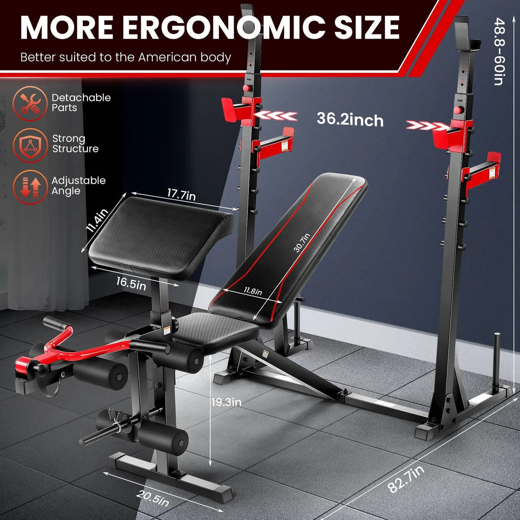 VIBESPARK Banc de musculation à charges réglables 900 LBS Ensemble de banc de musculation olympique avec rack à squats, pupitre à biceps, extension des jambes Banc d’exercice pour tout le corps et développé couché pour salle de sport à domicile