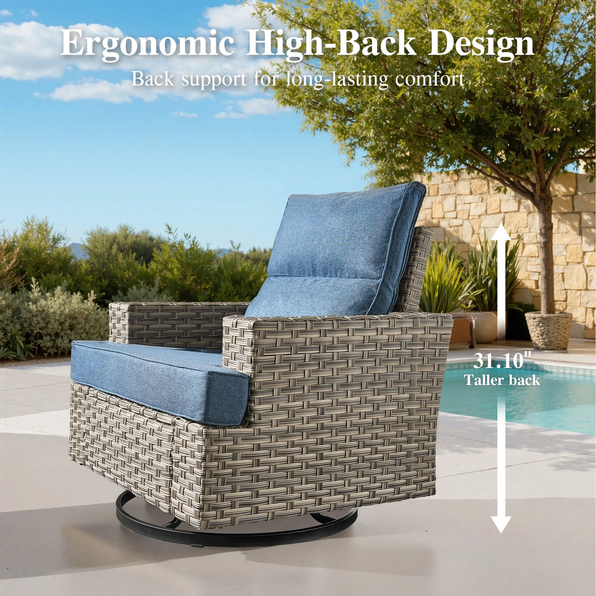 Ovios Salon de jardin modulable moderne en résine tressée toutes saisons à dossier haut, 10 pièces, avec table brasero au propane et fauteuil pivotant, gris foncé