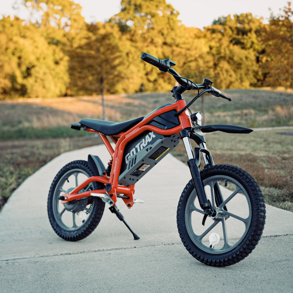 GOTRAX Fitz16 Moto tout-terrain électrique pour enfants à partir de 8 ans, moteur de 350 W, pneus tout-terrain de 16 pouces, double suspension, vitesse de 15,5 mi/h, autonomie de 16 mi, phare à DEL, noire