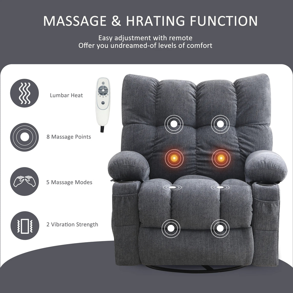 Fauteuil inclinable manuel JONPONY avec fonction de massage et de chauffage, mécanisme d’inclinaison robuste, fauteuil à bascule individuel pour personnes âgées avec porte-gobelets, pour chambre et salle de cinéma maison, gris