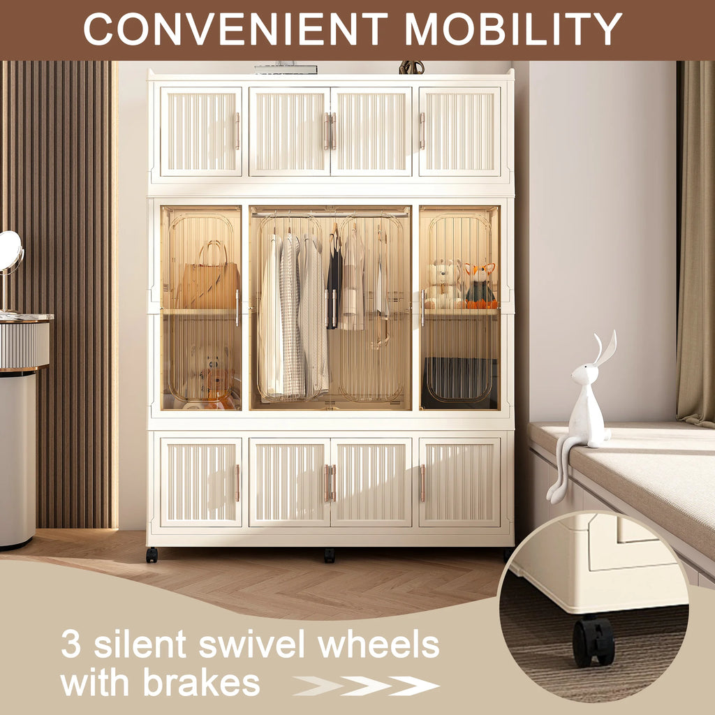 Penderie portable pour enfants Montary avec portes magnétiques et tringle – Meuble de rangement en plastique à 4 casiers pour chambre d'enfant