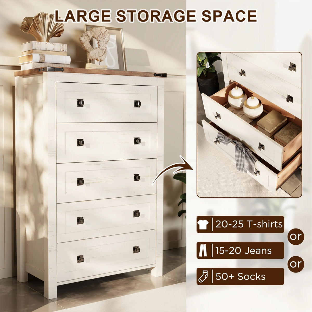 Commode Keywhat Farmhouse à 5 tiroirs pour chambre, meuble de rangement en bois pour salon, blanc antique