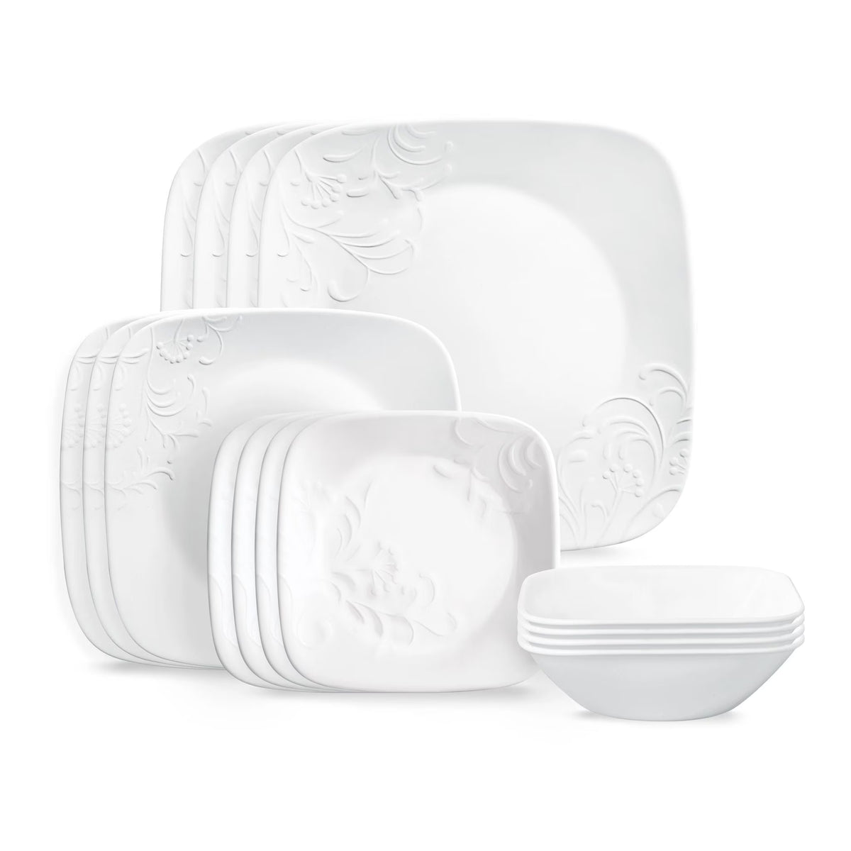 Service de vaisselle Corelle Cherish en verre carré gaufré, 16 pièces (pour 4 personnes)