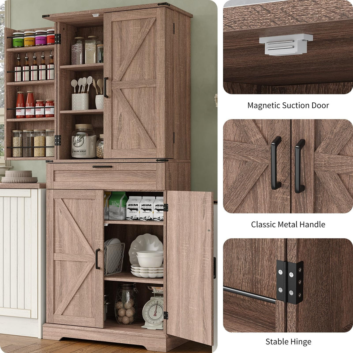 FUSOU Armoire de rangement de cuisine 72'', Armoire haute avec 8 étagères de porte, 2 placards et 1 tiroir, Meuble autoportant pour cuisine, salle à manger, salle de bain, buanderie