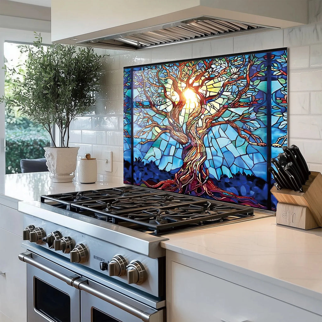 Crédence en verre trempé motif Arbre de vie en mosaïque pour cuisine derrière la cuisinière, cache supérieur pour cuisinière, crédence en verre facile à nettoyer, pare-éclaboussures pour évier, décoration murale de cuisine pour la maison