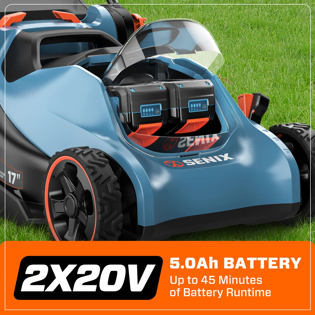 Tondeuse à gazon sans fil SENIX 40V à moteur sans balais, plateau de 18 po, lame de coupe de 17 po, fonction 2-en-1 broyage et ramassage, réglage en 6 positions, LPPX2-M5