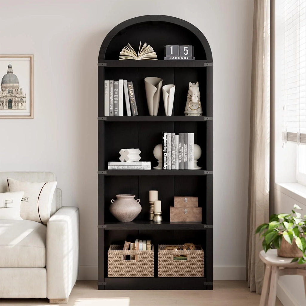 Bibliothèque à 5 étagères avec arche, 182 cm de haut, meuble de rangement et d’exposition de style rustique en bois pour bureau, salon ou maison (blanc)