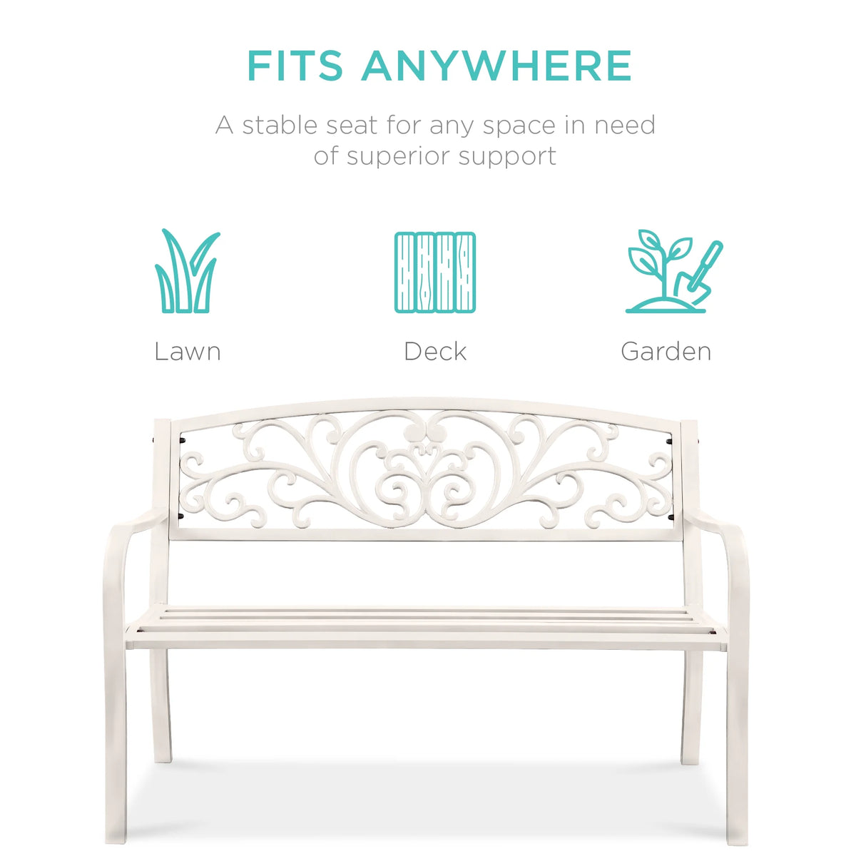 Best Choice Products Banc en Acier d'Extérieur Jardin Patio Porche Meuble avec Dossier à Motif Floral - Noir