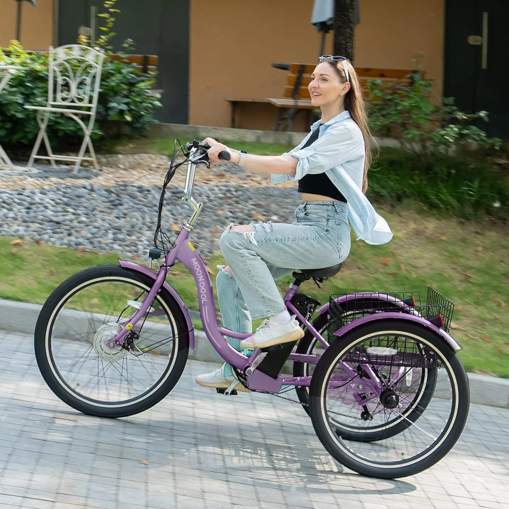 Tricycles électriques ABORON 24 26, batterie au lithium 36 V 10 Ah 350 W, triporteur électrique 7 vitesses pour adultes avec grand panier arrière et siège réglable