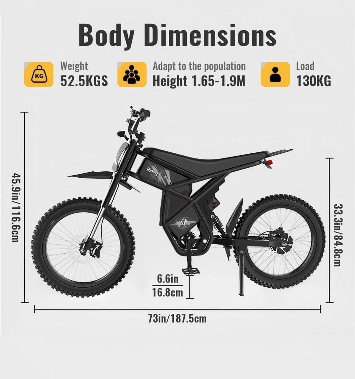 Riding'times GT73 Moto tout-terrain électrique pour adultes, 37 MPH 48V36.4AH 2400W 1747Wh Vélo électrique à double batterie, Autonomie de 85+ miles, Pneu de moto 25 Certifié UL2849, Suspension intégrale