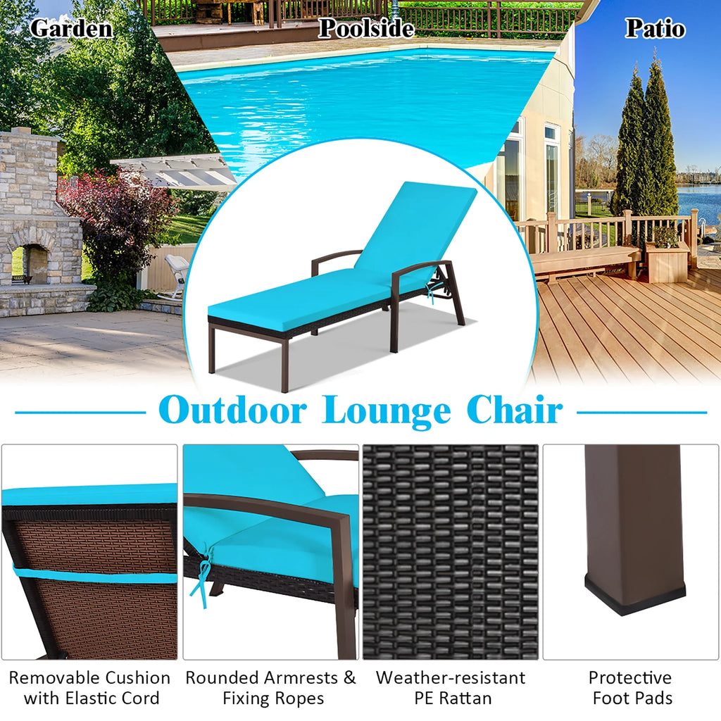 Costway Lot de 2 chaises longues de jardin en rotin, inclinables avec dossier réglable et coussinés, rouges