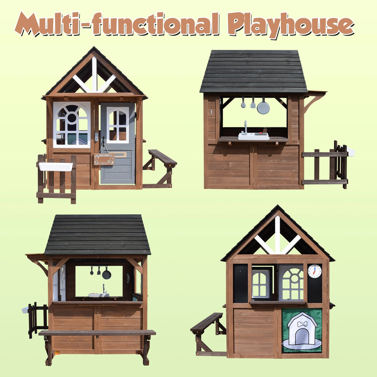 COCLUB Maison de jeu d’extérieur, Maison de jeu en bois pour enfants et tout-petits, Grande maison de jeu avec banc/Clôture/Cuisine/Plaque nominative/Téléphone factice, Jouet d’extérieur cadeau pour filles et garçons à partir de 3 ans, (62,99 l × 67,32 L)