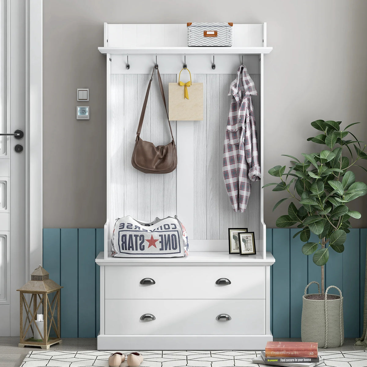Vestiaire d’entrée avec banc rembourré et patères, banc d’entrée avec 3 crochets, 3 étagères ouvertes, 2 tiroirs et placards de rangement, banc de vestibule avec rangements et crochets pour entrée, vestibule ou couloir (beige)