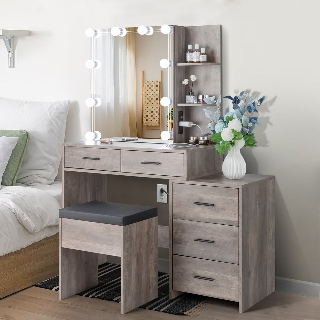 Coiffeuse Ktaxon avec miroir éclairé à 3 couleurs & station de charge, table de maquillage avec 3 étagères de rangement & tiroirs, bureau de toilette avec tabouret, gris rétro